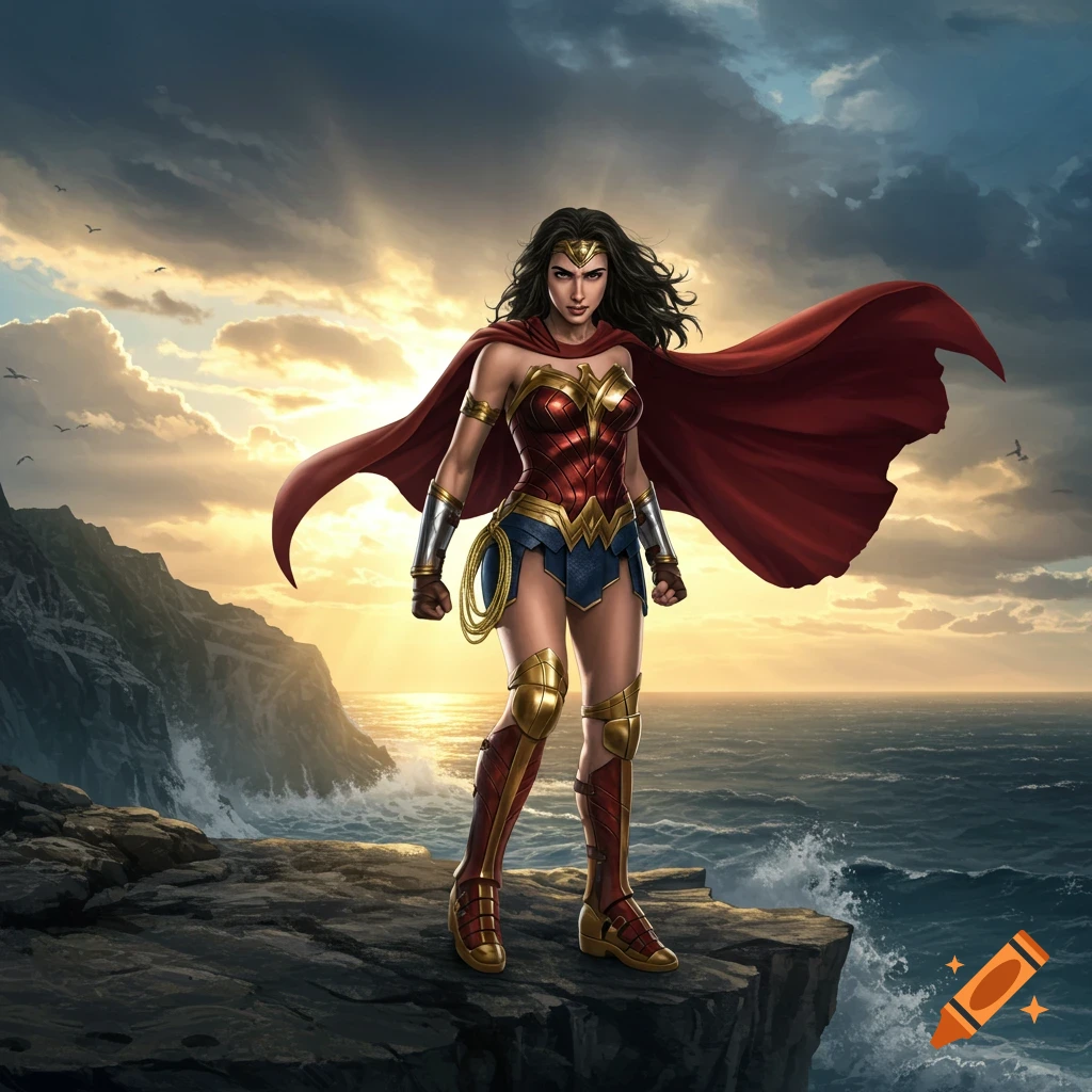 Wonder Woman stands heroically on a cliff overlooking a stormy ocean at sunset, in a comic art style.