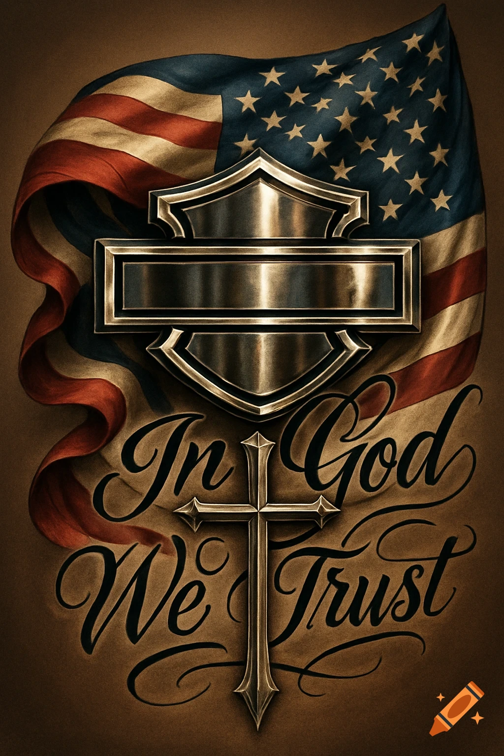 American flag, metallic Harley Davidson shield, and cross with 'In God We Trust' in script font.