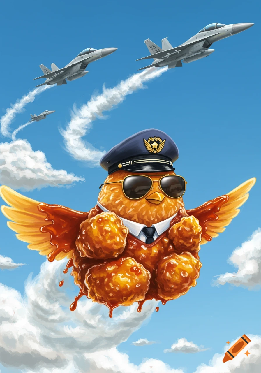 A cartoon General Tso chicken dressed as a pilot, wearing sunglasses and a pilot's hat, flies through a blue sky with fighter jets above clouds.