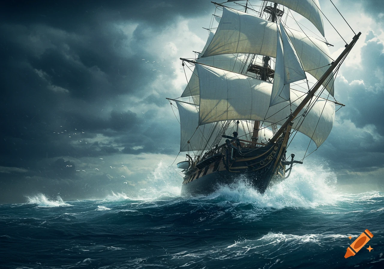 A large sailing ship sails through turbulent ocean waves under dark, stormy skies with sunlight breaking through.