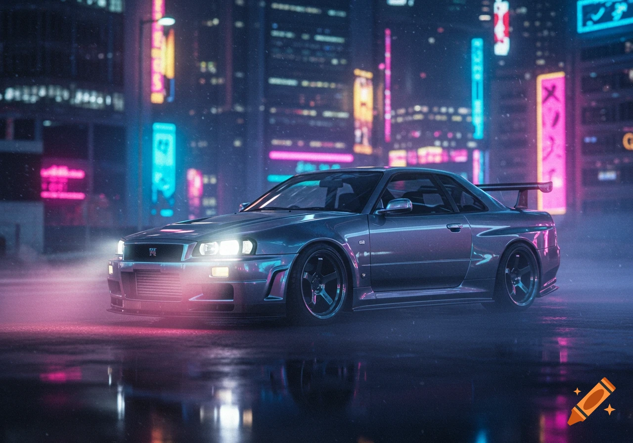 A grey Nissan Skyline GT-R R34 sports car on a wet street at night, with bright neon city lights in the background.