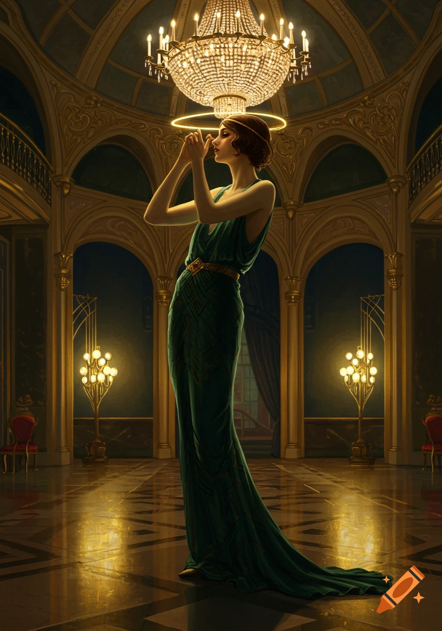 A woman in a green Art Deco dress adjusts a golden halo under a large chandelier in a grand hall.