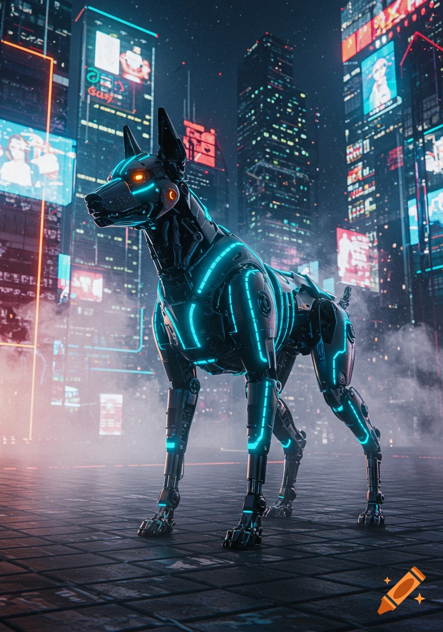 A futuristic black and blue glowing cyborg Doberman stands in a rainy cyberpunk city at night with neon lights.