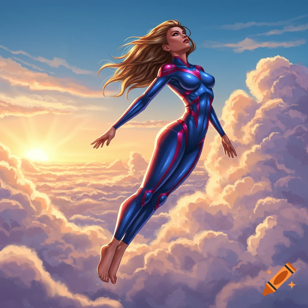 A superhero woman in a blue and pink suit flies barefoot through golden sunset clouds, digital art.