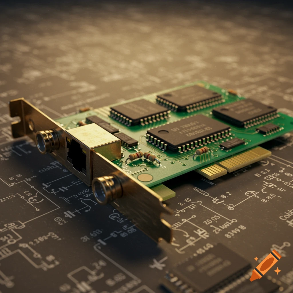 Photorealistic close-up of an ISA Ethernet card with 10baseT and BNC connectors on a green circuit board, on a schematic background.