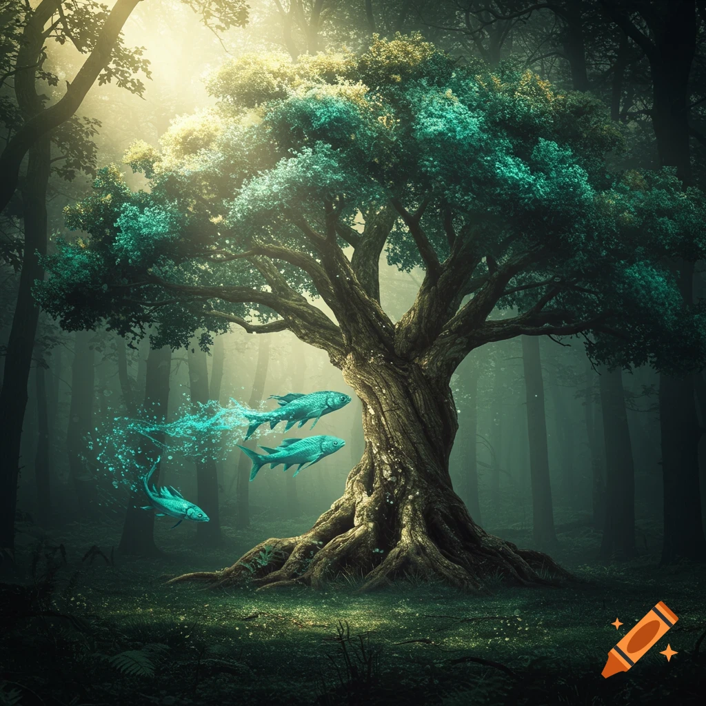 An ancient, glowing tree with ethereal blue fish swimming from its trunk in a mystical, sunlit forest.