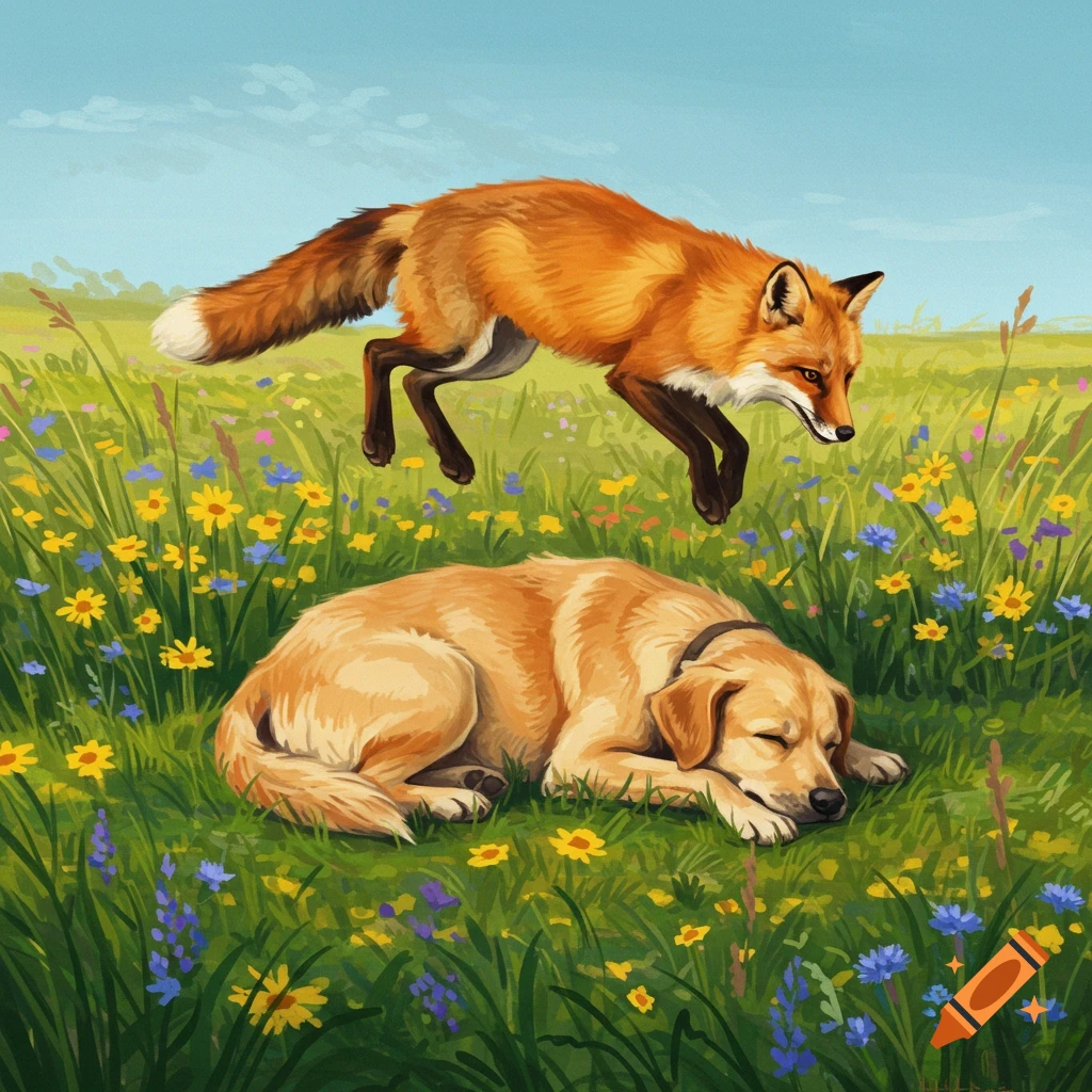 A red fox leaps over a golden retriever sleeping in a vibrant field of yellow and purple wildflowers under a clear blue sky. Painterly style.