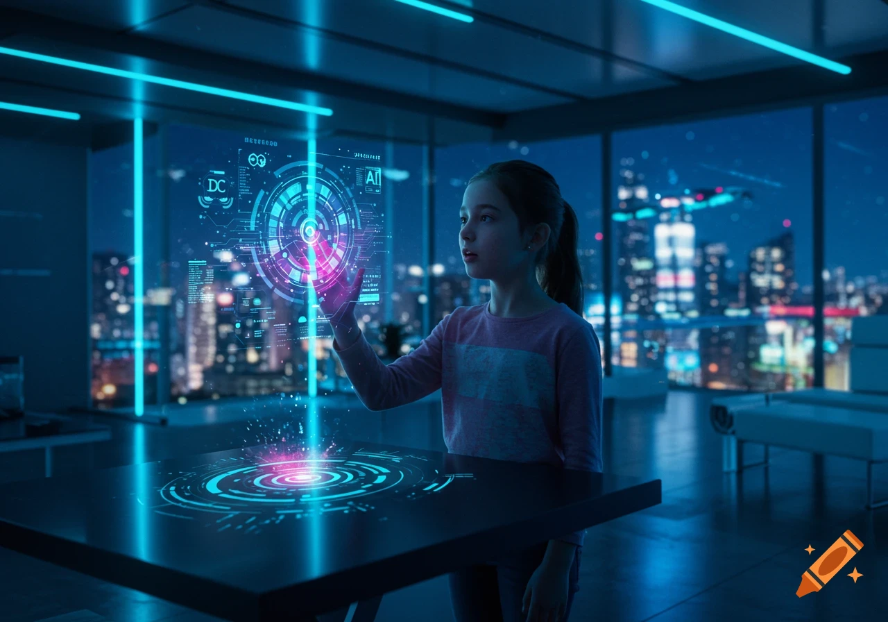 Photorealistic image of a young girl interacting with a glowing AI hologram in a futuristic room overlooking a city at night.