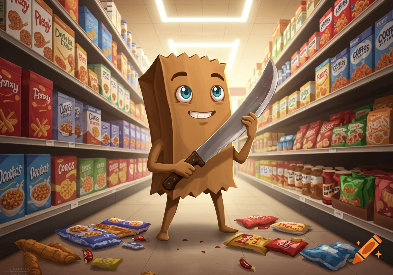 A smiling, cartoon paper bag character with blue eyes holds a large machete in a supermarket aisle filled with product shelves and spilled items on the floor.