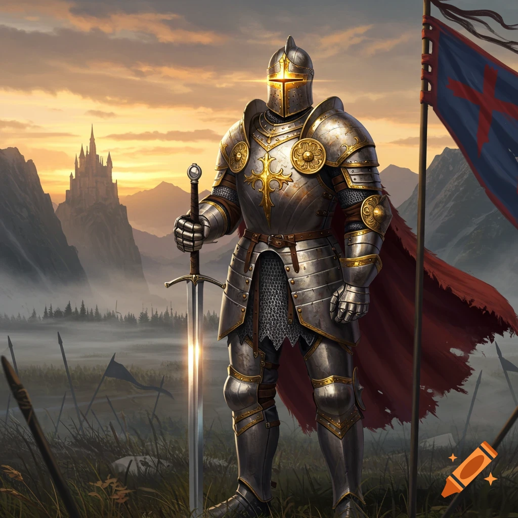 A fully armored knight holding a sword stands in a field with a castle and a flag at sunset, in a highly detailed fantasy art style.