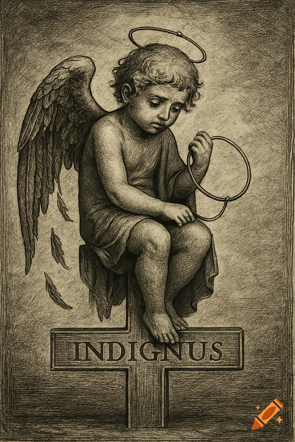 A sorrowful cherub with a broken halo and tattered wings sits on an etched cross bearing the word "INDIGNUS" in a sepia-toned etching style.