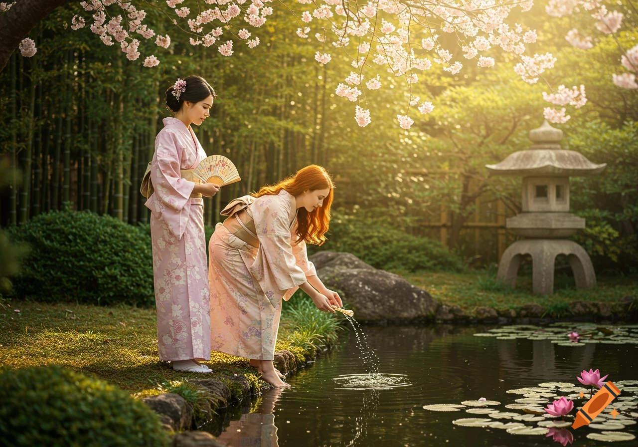 Two women in kimonos by a pond with lotus flowers in a sunlit Japanese garden with cherry blossoms.