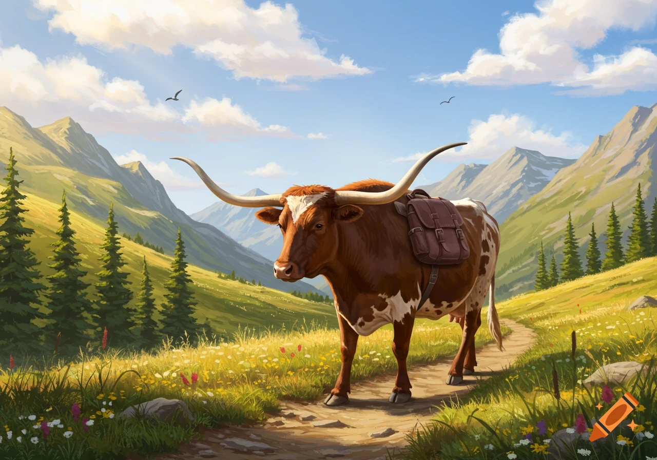 A longhorn cow with a backpack walks on a dirt path through a lush green mountain valley under a bright blue sky.