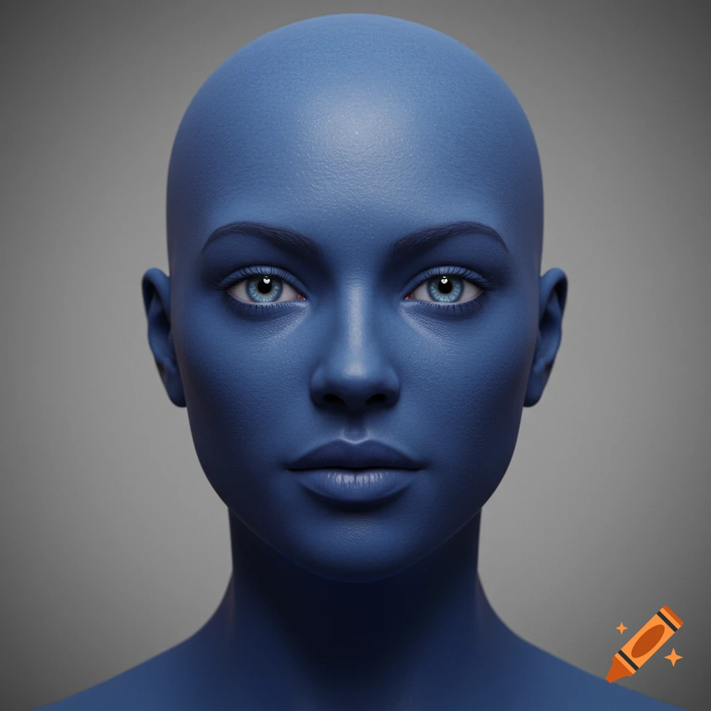 Close-up photorealistic portrait of a bald woman with smooth blue skin and a neutral expression.