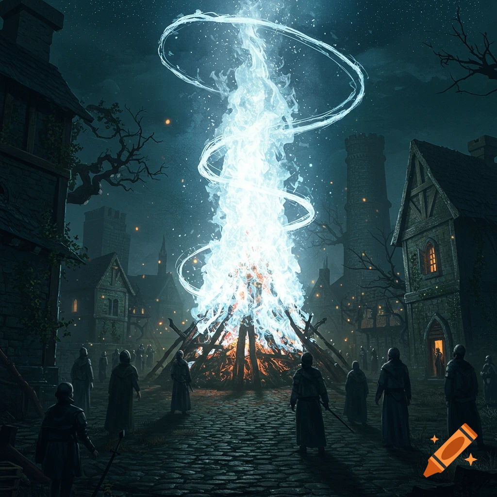 A massive, glowing blue flame rises from a pyre in a dark, cobblestone village square at night, surrounded by robed figures.