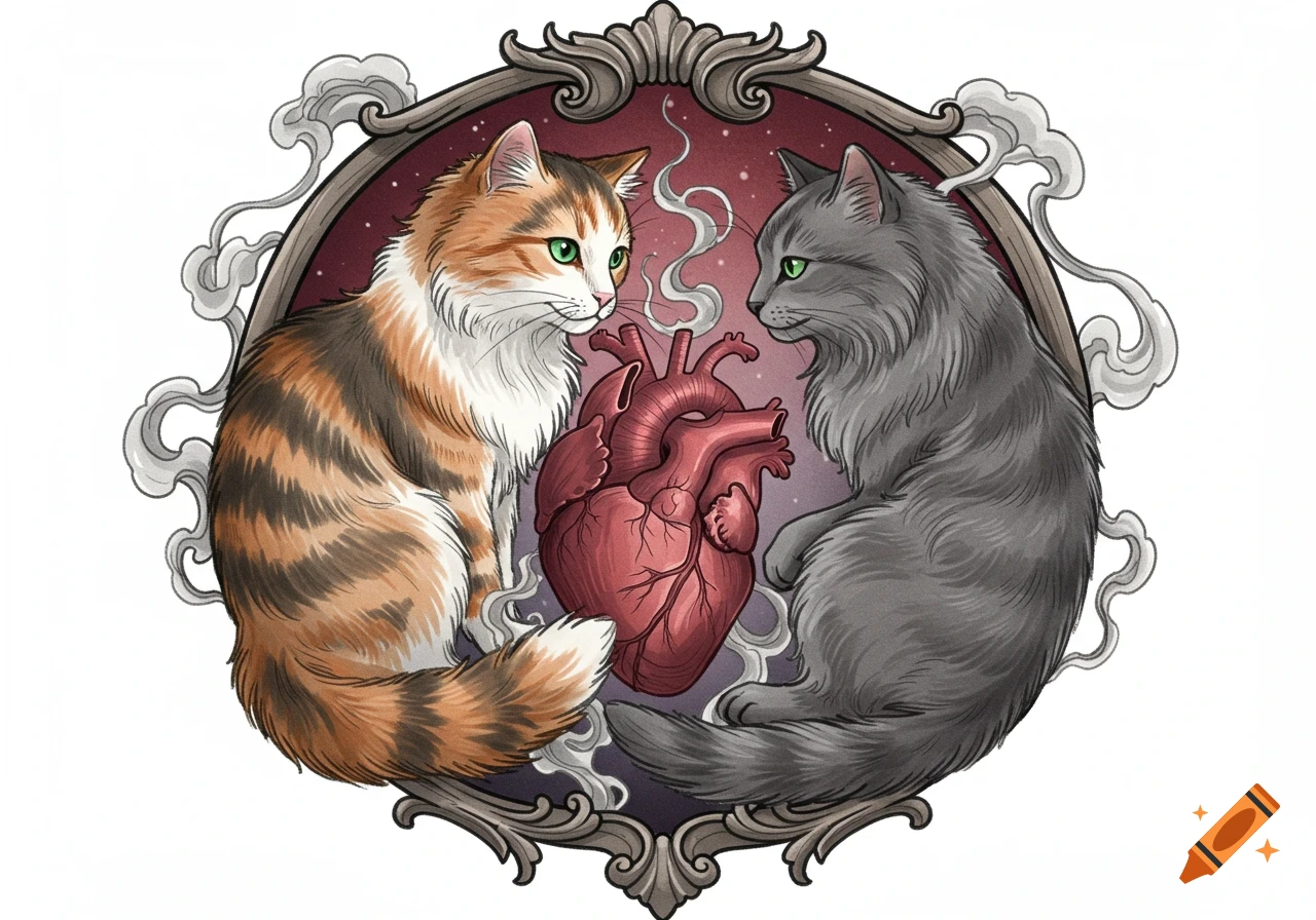 Two stylized cats, one calico and one grey, face a red anatomical heart within an ornate framed design with smoke, in a tattoo art style.