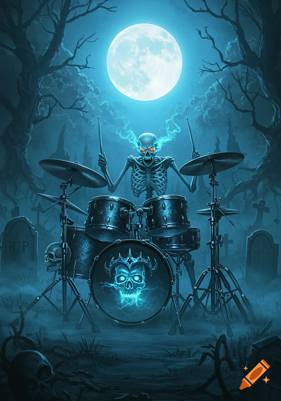 Stylized illustration of a skeleton drummer playing a glowing blue drum set in a spooky graveyard under a full moon.