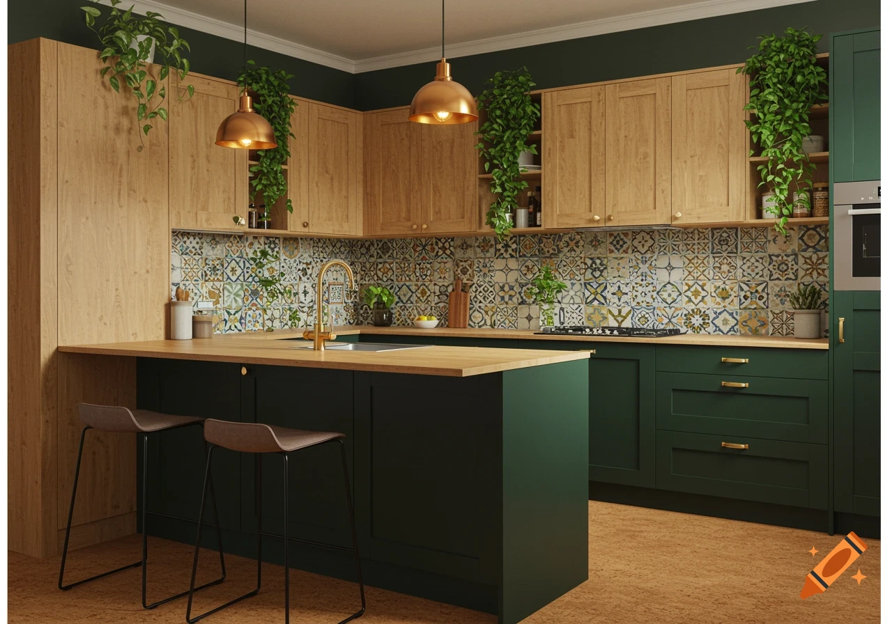 A modern kitchen featuring dark green and wood cabinets, colorful patterned backsplash tiles, brass fixtures, and a wooden island with bar stools.