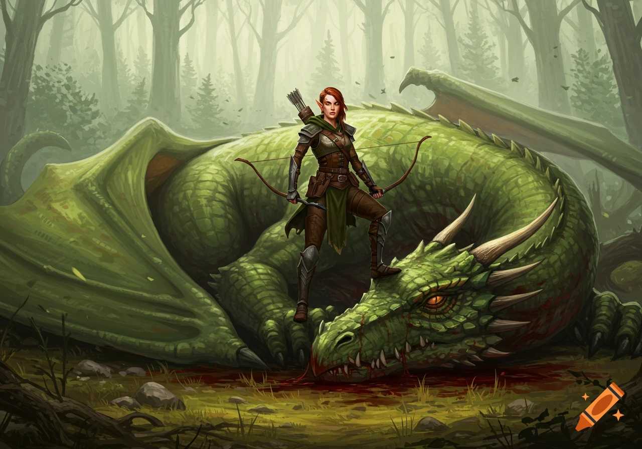 A female ranger stands triumphantly on the head of a defeated green dragon in a lush forest.