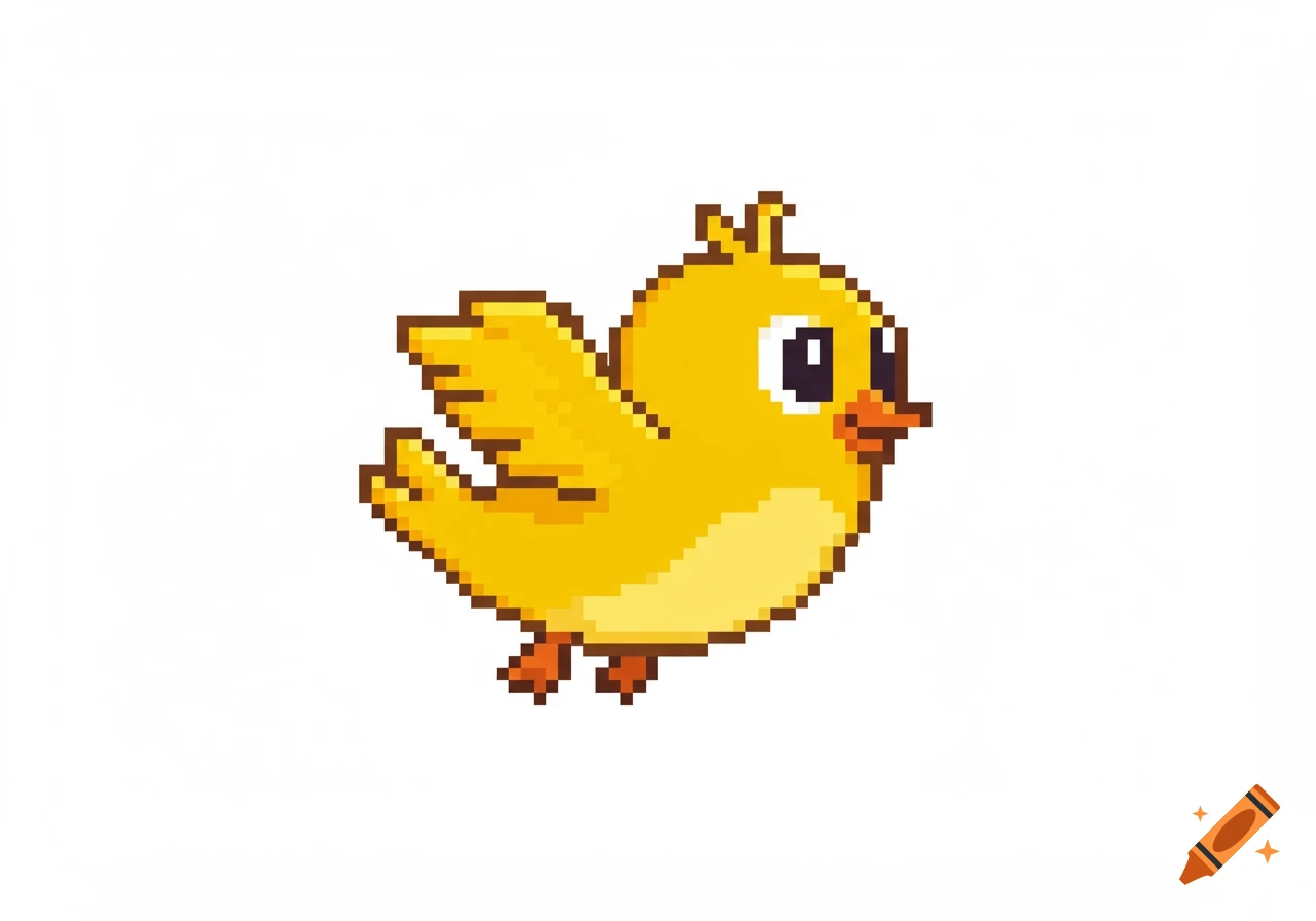 A yellow pixel art bird with flapping wings, in the style of an 8-bit video game, on a white background.
