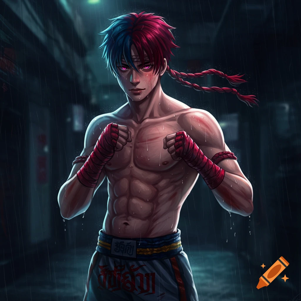 An anime-style young Muay Thai fighter with red and blue hair and pink eyes, covered in sweat and cuts, stands in a dark rainy alley.
