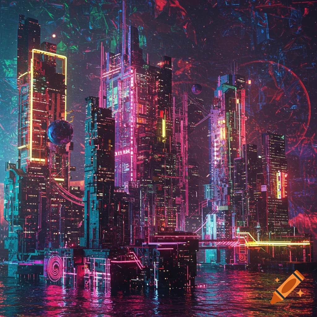 A vibrant cyberpunk city at night, with towering skyscrapers illuminated by neon pink, blue, and yellow lights reflecting on the water.