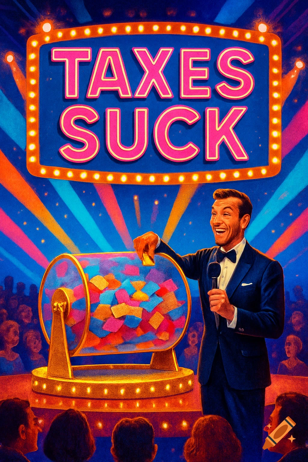 A vibrant illustration of a smiling game show host next to a lottery drum, under a sign that reads 'TAXES SUCK' on a brightly lit stage with an audience.