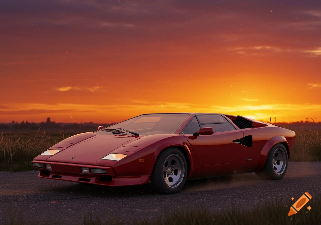 A red 1986 Lamborghini Countach on a road at a vivid sunset.