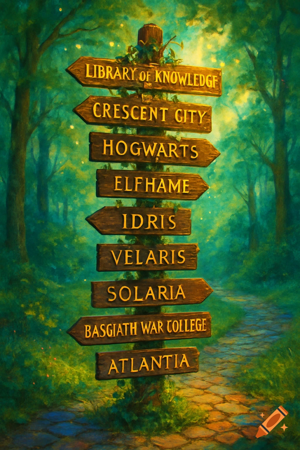 A wooden signpost in a vibrant, mystical forest points to various fictional locations like Hogwarts, Crescent City, and Velaris.