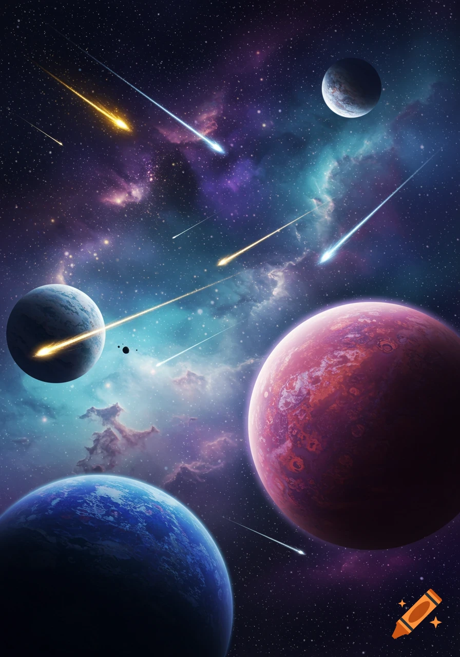 Colorful planets and bright shooting stars against a vibrant nebula and starry space background.