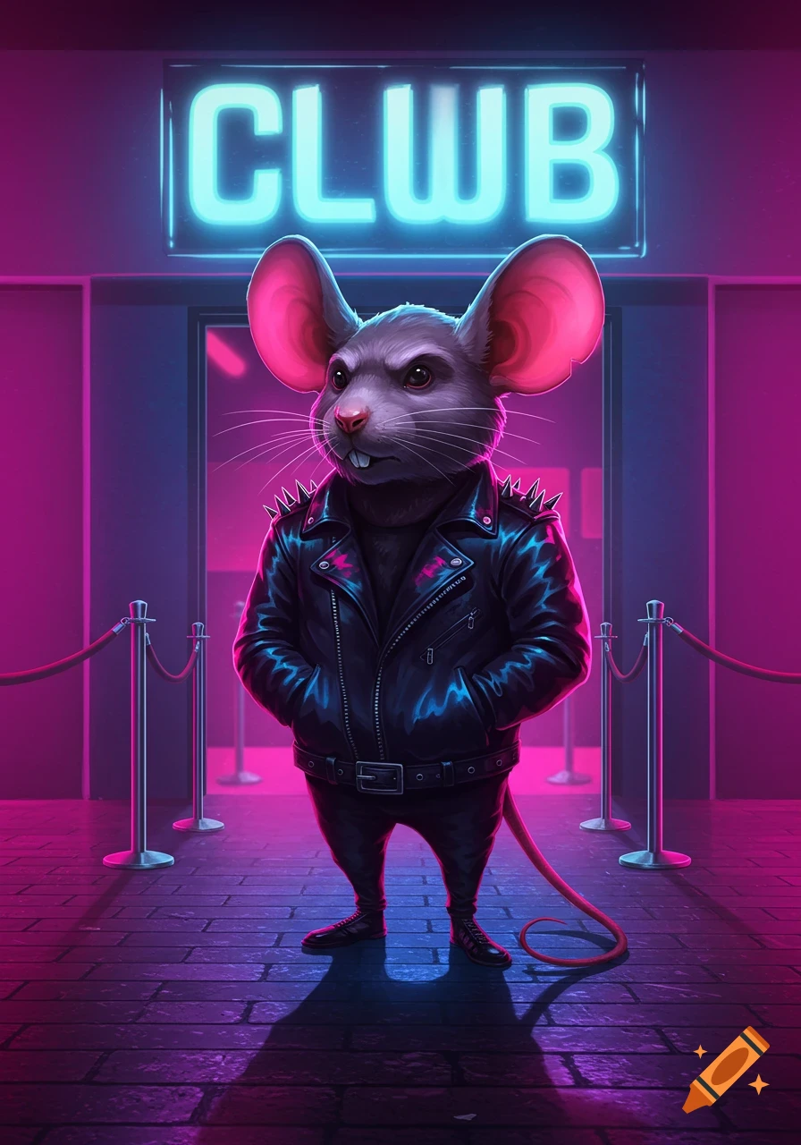 An anthropomorphic mouse in a leather jacket stands in front of a neon 'CLUB' sign, bathed in pink and blue light.