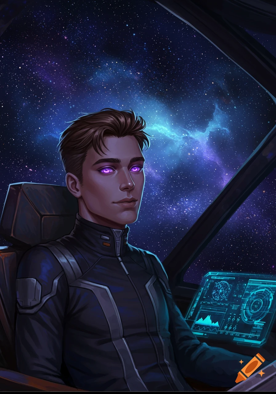 A male character with violet eyes in a sci-fi suit sits in a spaceship cockpit, looking out at a vibrant galaxy.