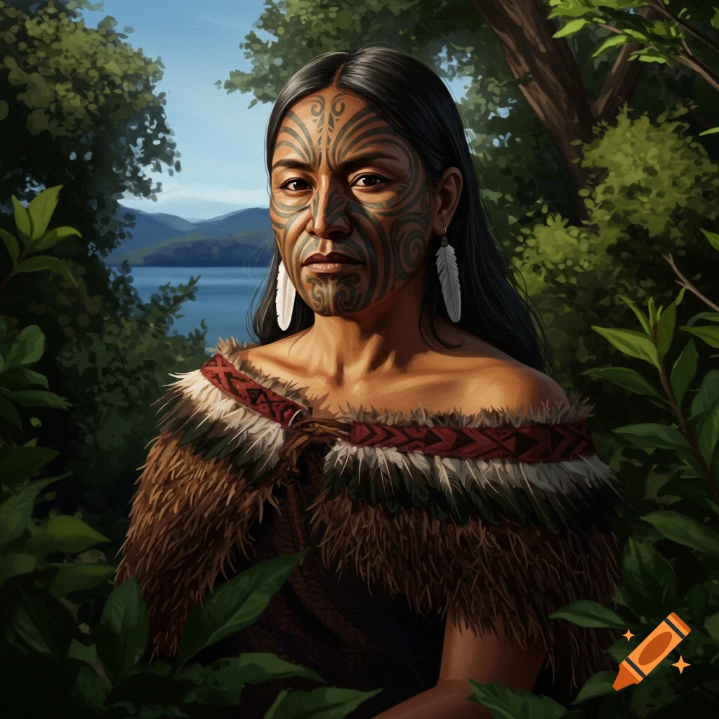 A photorealistic portrait of a Maori woman with traditional facial tattoos and a feather cloak in a lush natural setting.