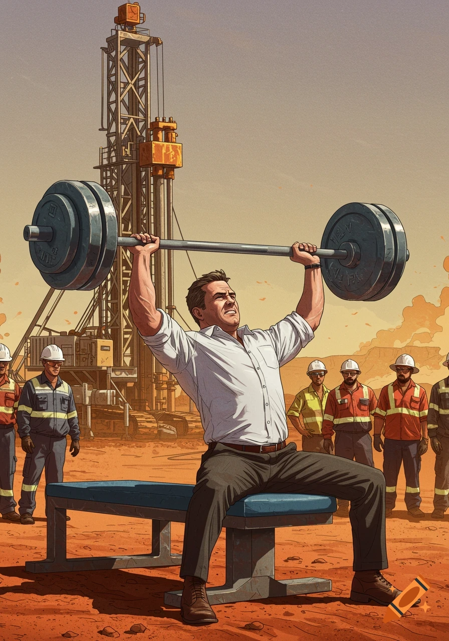 A man in a white shirt bench-presses a heavy barbell at a dusty oil rig site, with workers watching in the background, in a comic art style.