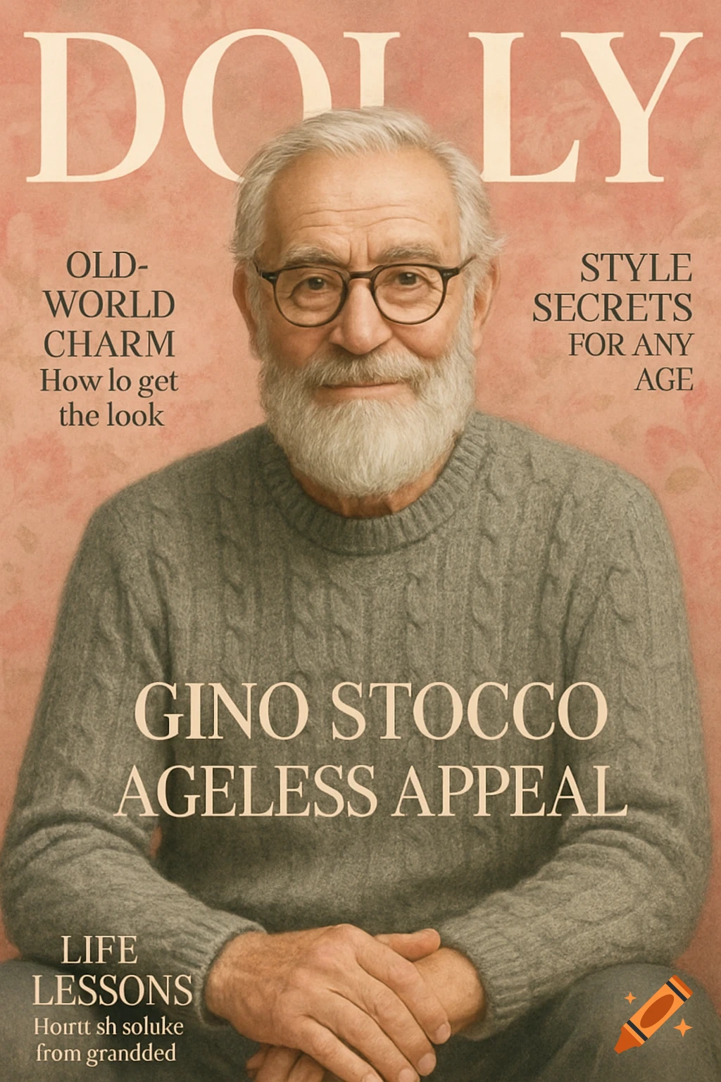 A smiling elderly man with a grey beard and glasses, wearing a grey knitted sweater, featured on the cover of "DOLLY" magazine.