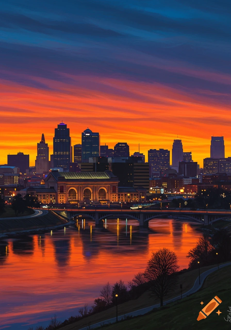 Kansas City skyline at sunset reflecting in the river, with a bridge in the foreground.