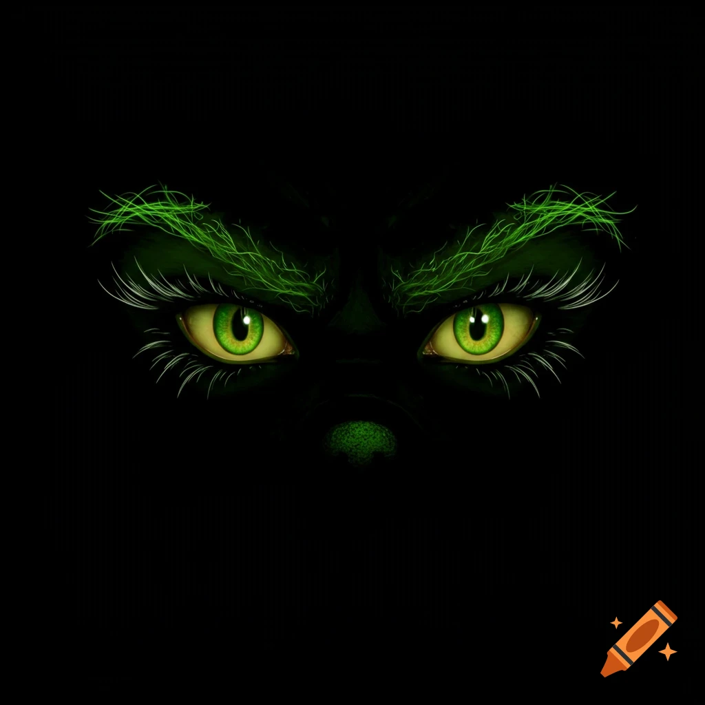 Close-up of the Grinch's glowing green eyes with bushy green eyebrows against a dark black background.