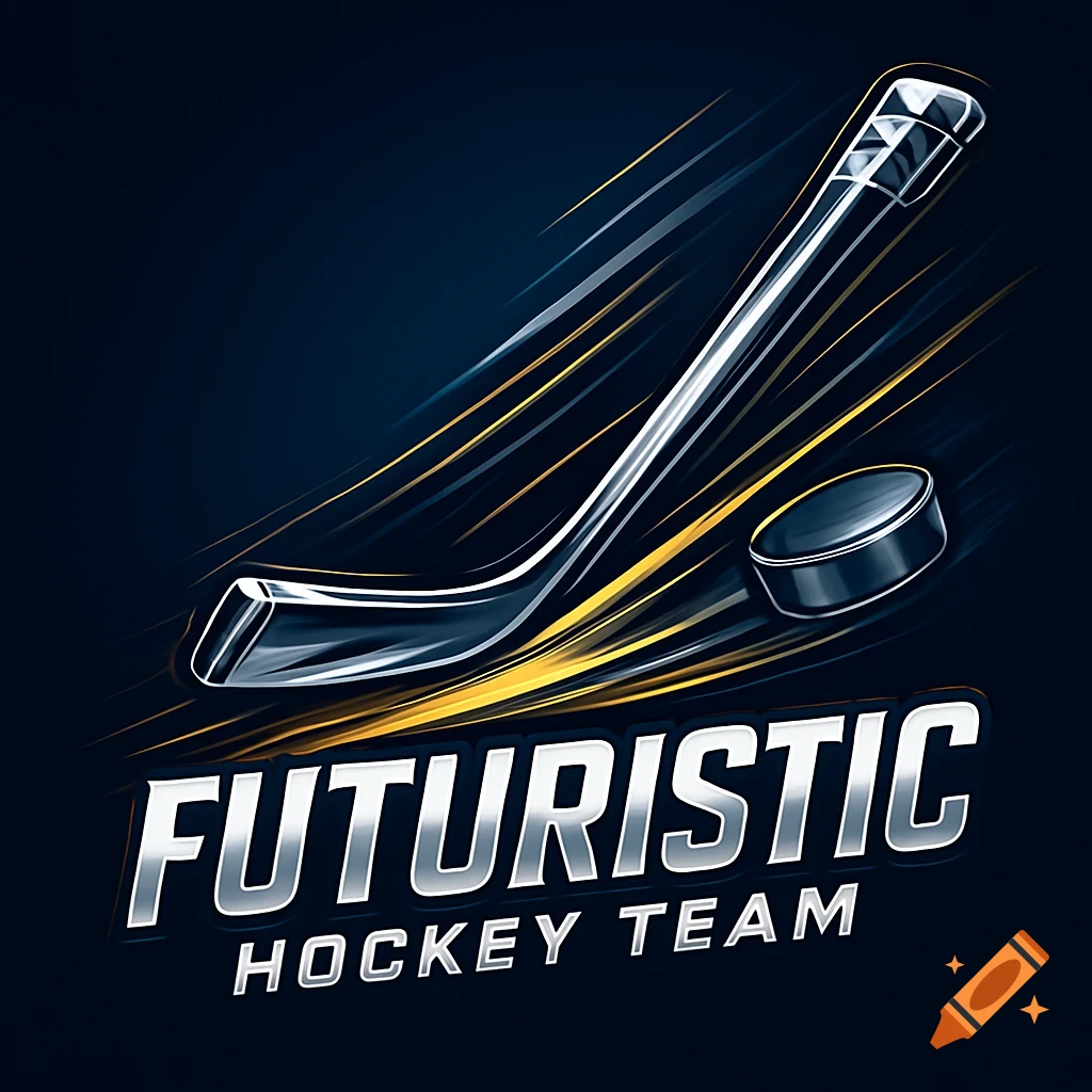 A futuristic hockey team logo featuring a chrome hockey stick and puck with yellow and blue speed lines, and the words 'FUTURISTIC HOCKEY TEAM'.