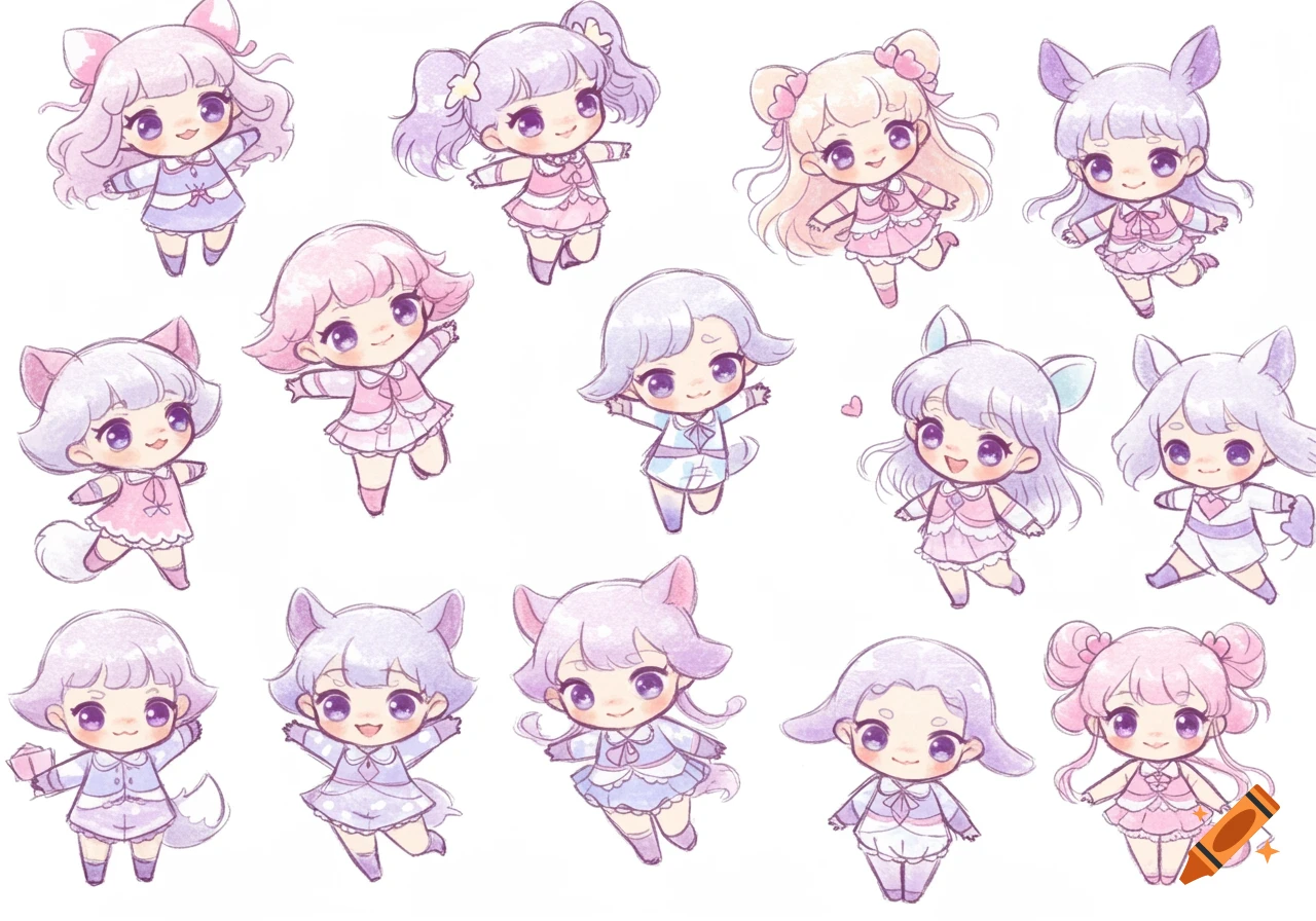 A collection of cute chibi-style sketches of various cartoon girls with pastel hair and outfits, some with animal ears and tails, on a white background.