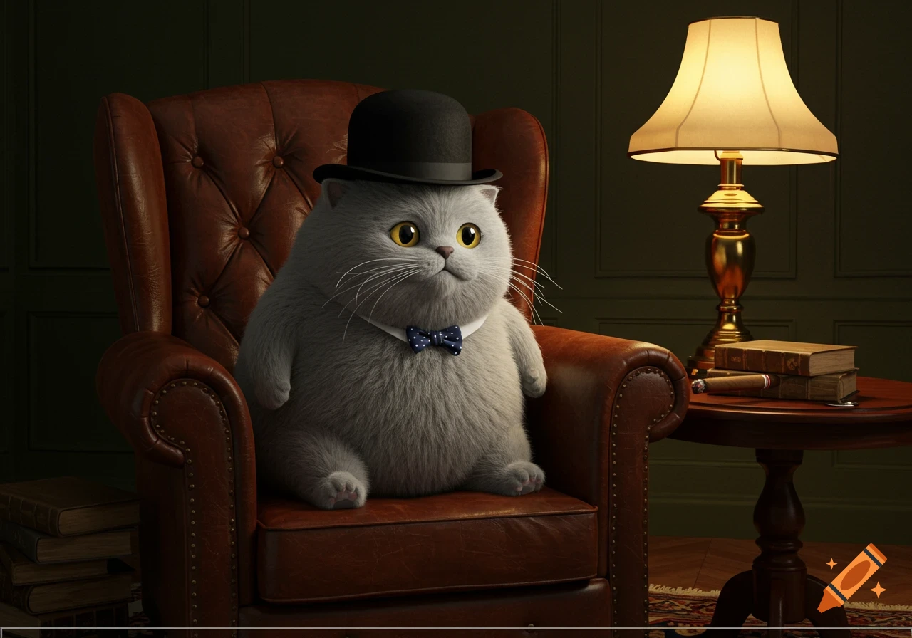 A photorealistic British Shorthair cat in a black bowler hat and polka-dot bow tie sits in a brown leather armchair in a dimly lit study with a lamp and books.
