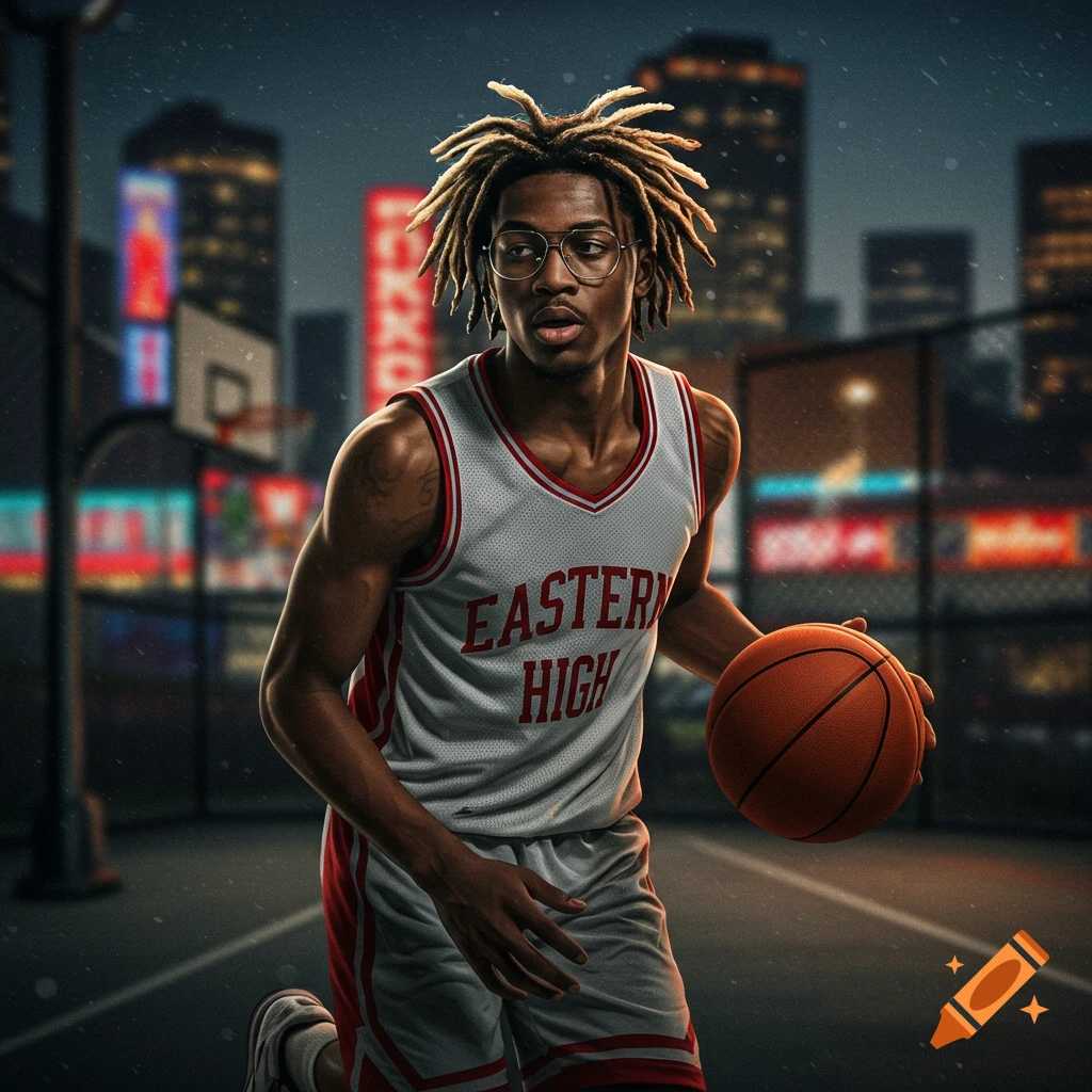 A photorealistic male basketball player with dreadlocks and glasses dribbles on an outdoor court at night, wearing an 'EASTERN HIGH' jersey.