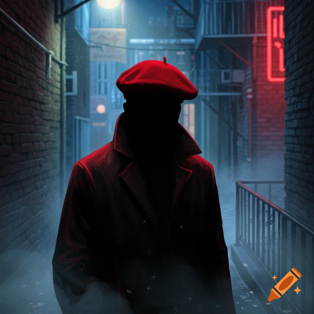A silhouetted figure in a red beret and red coat walks through a dark, misty urban alley at night, with neon signs glowing in the background.