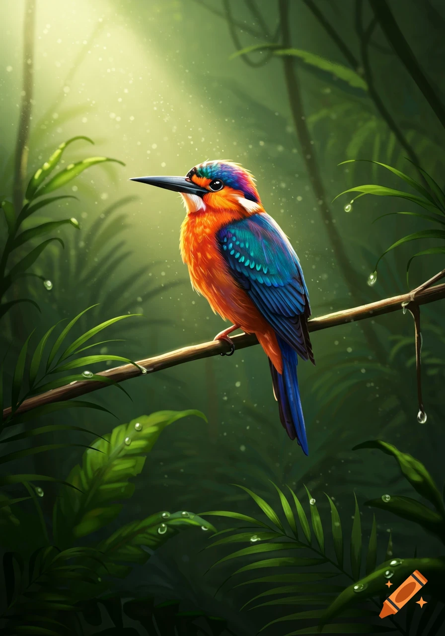 A vibrant, colorful bird with orange, blue, and purple feathers sits on a branch in a lush, sunlit jungle with water droplets on leaves.