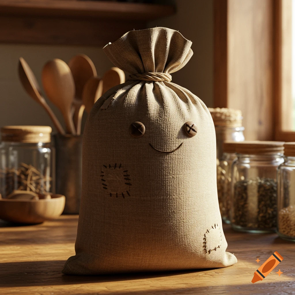A cute, photorealistic flour sack character with button eyes and a stitched smile stands on a wooden kitchen counter.