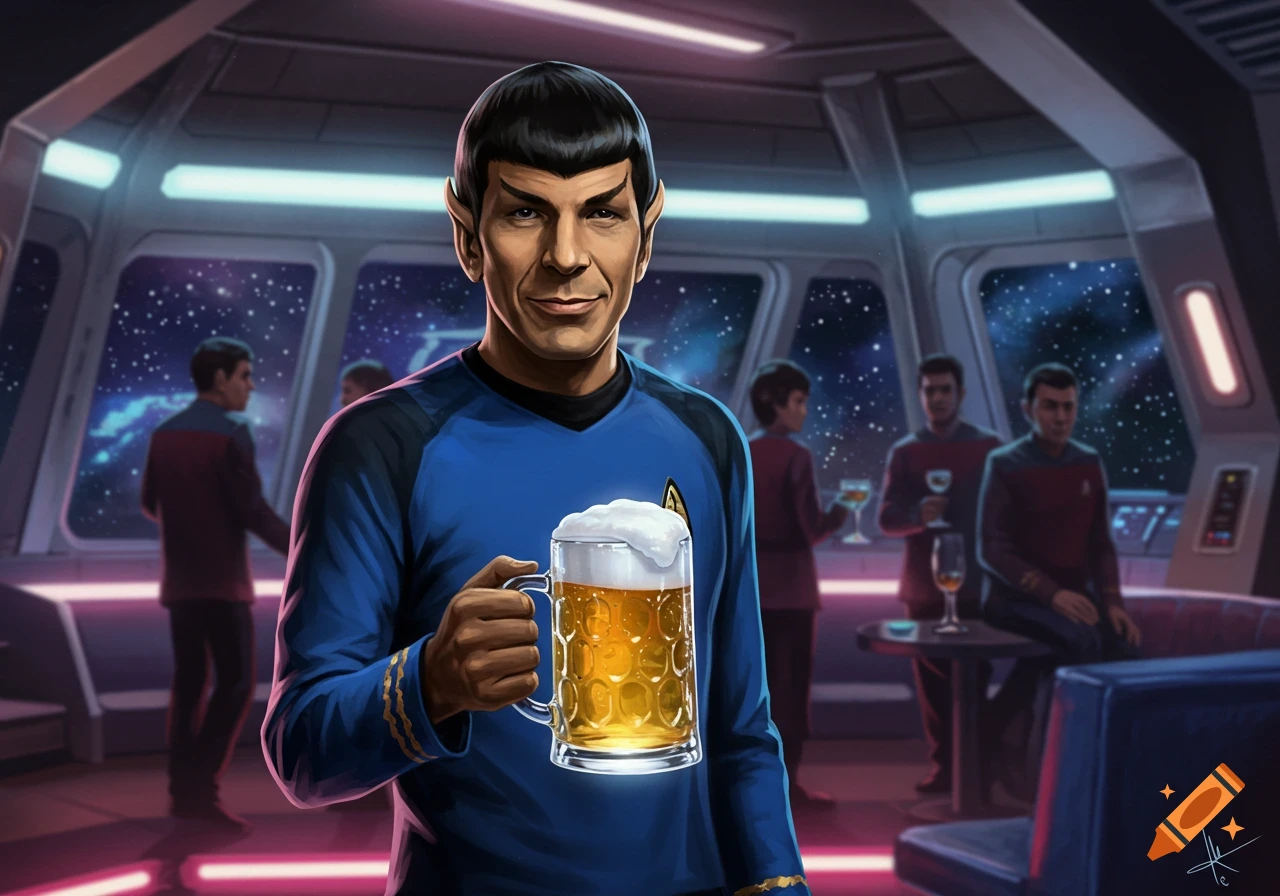 Spock from Star Trek holds a mug of beer aboard a spaceship, with other crew members in the background.