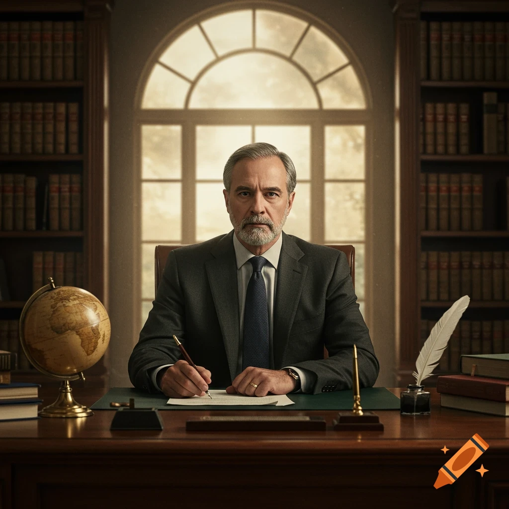 A serious-looking man in a suit sits at a desk in a study, writing with a pen, surrounded by bookshelves.
