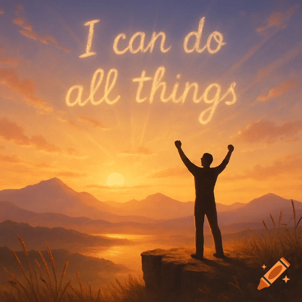 A silhouette of a person with arms raised on a cliff overlooking a vast mountain landscape at sunset, with the glowing text "I can do all things" in the sky.