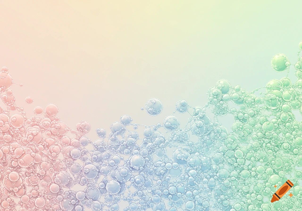 Pastel abstract image with a gradient of interconnected bubbles and cellular structures in pink, blue, and green.