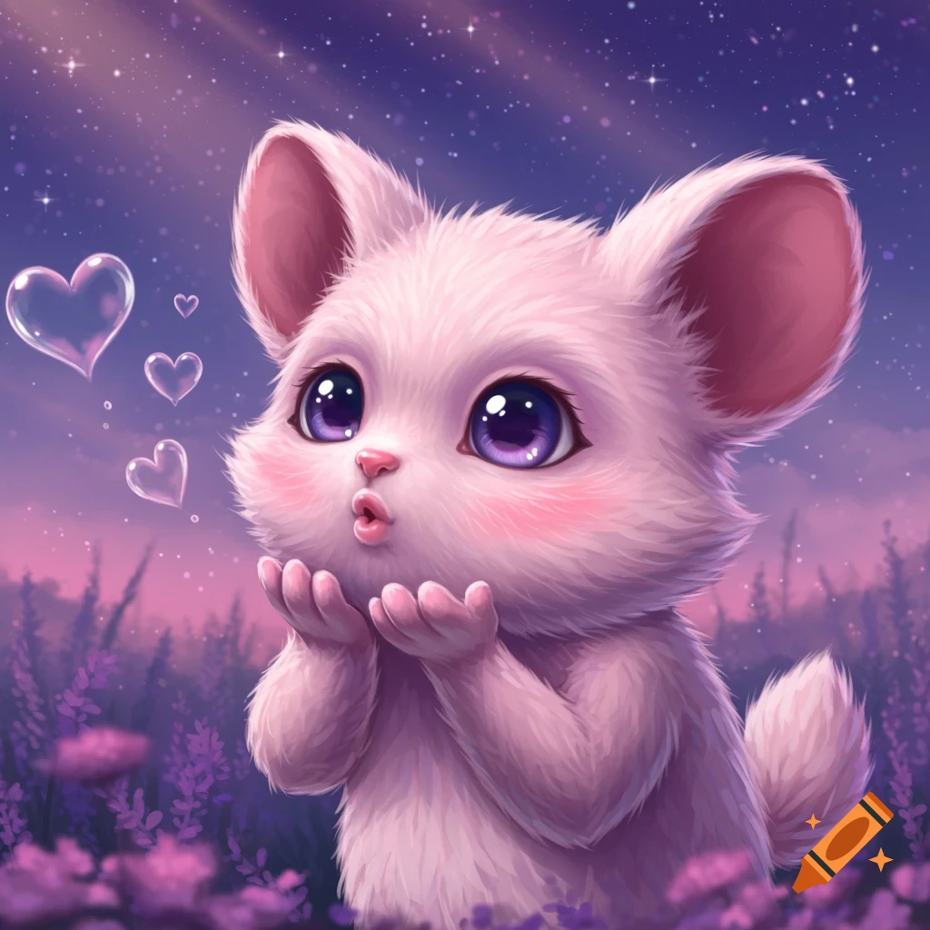 A cute, fluffy pink creature blows heart bubbles in a lavender field under a starry purple sky.