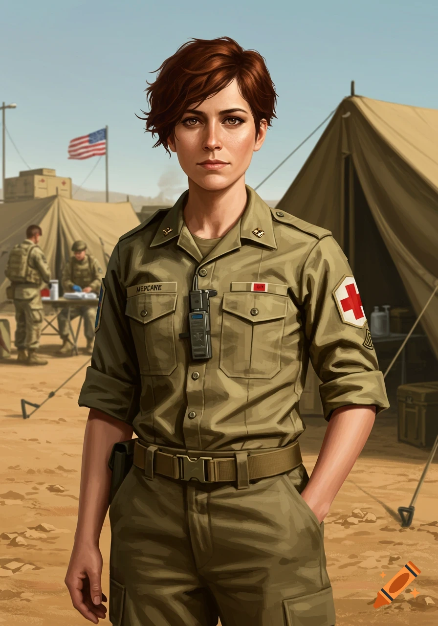 A short-haired woman in a US medic uniform stands in a desert military camp, with tents and other soldiers in the background.